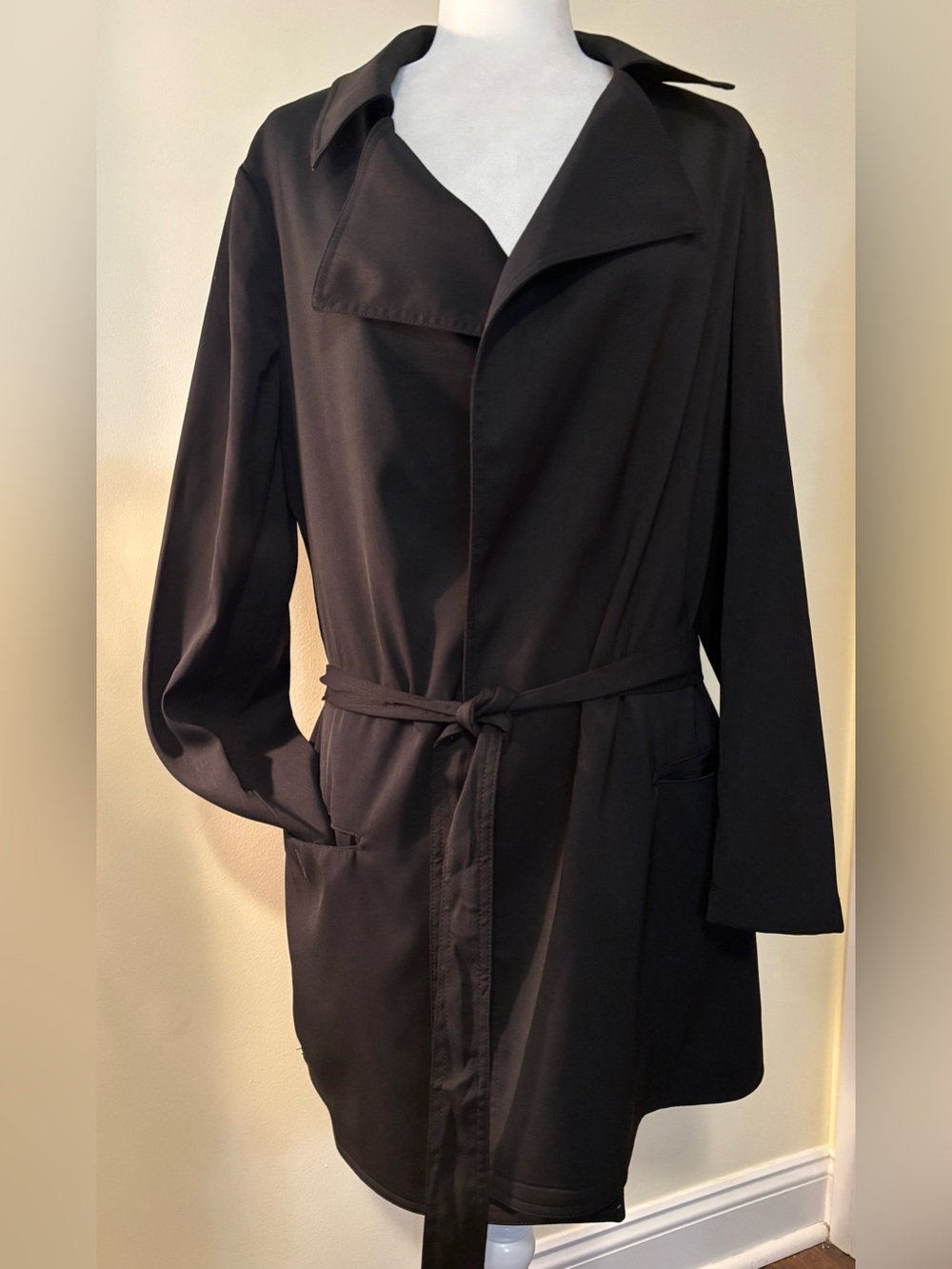 Max Studio Women’s Black Belted Draped Trench Jacket Open Front Coat